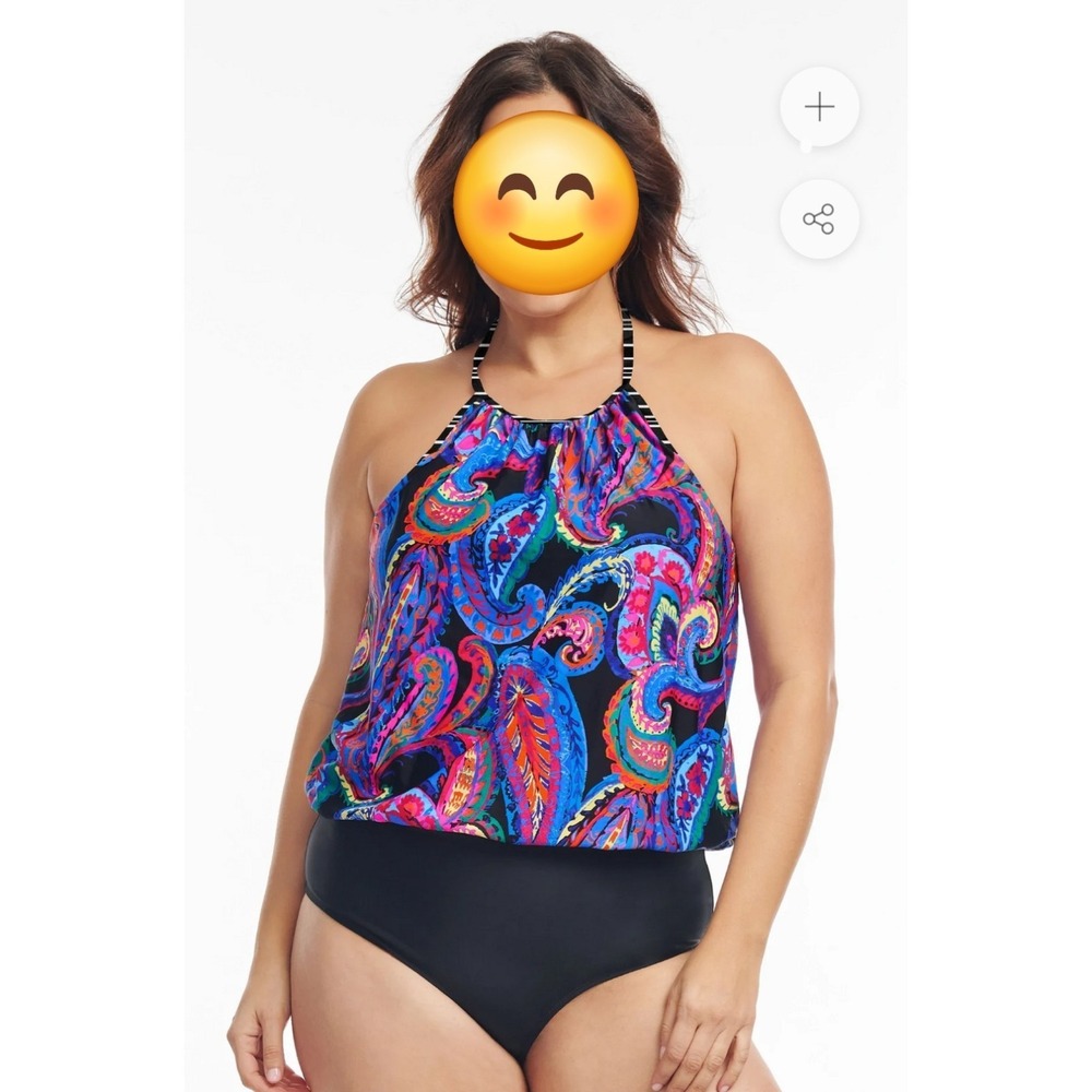 Mazu ApparelPlus Size High Neck Halter Blouson One Piece in French Paisley Sz 16